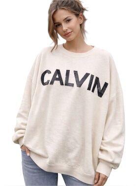 Calvin Klein Women’s Black Sequined Logo Sweatshirt/Sweater, Boxy, OVERSIZED, XS